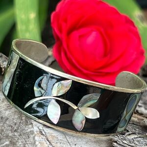 Vintage Alpaca Mexico Abalone & Mother of Pearl Inlay Cuff Bracelet